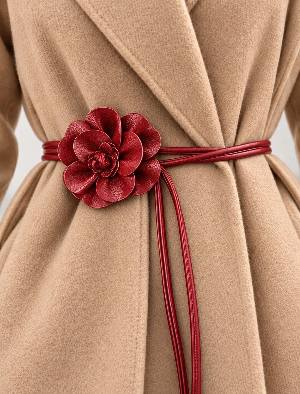 Italian Luxury Boutique Vegan Leather Flower Belt Waist Tie Statement Ruby Red